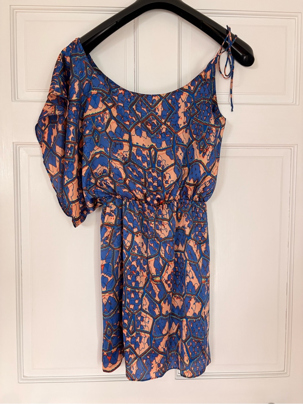 One-Shoulder Summer Dress in Blue and Peach Abstract Print